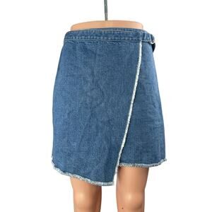 Club Monaco Blue Medium Wash High Waisted Raw Hem Denim Jean Wrap Skirt Size 2